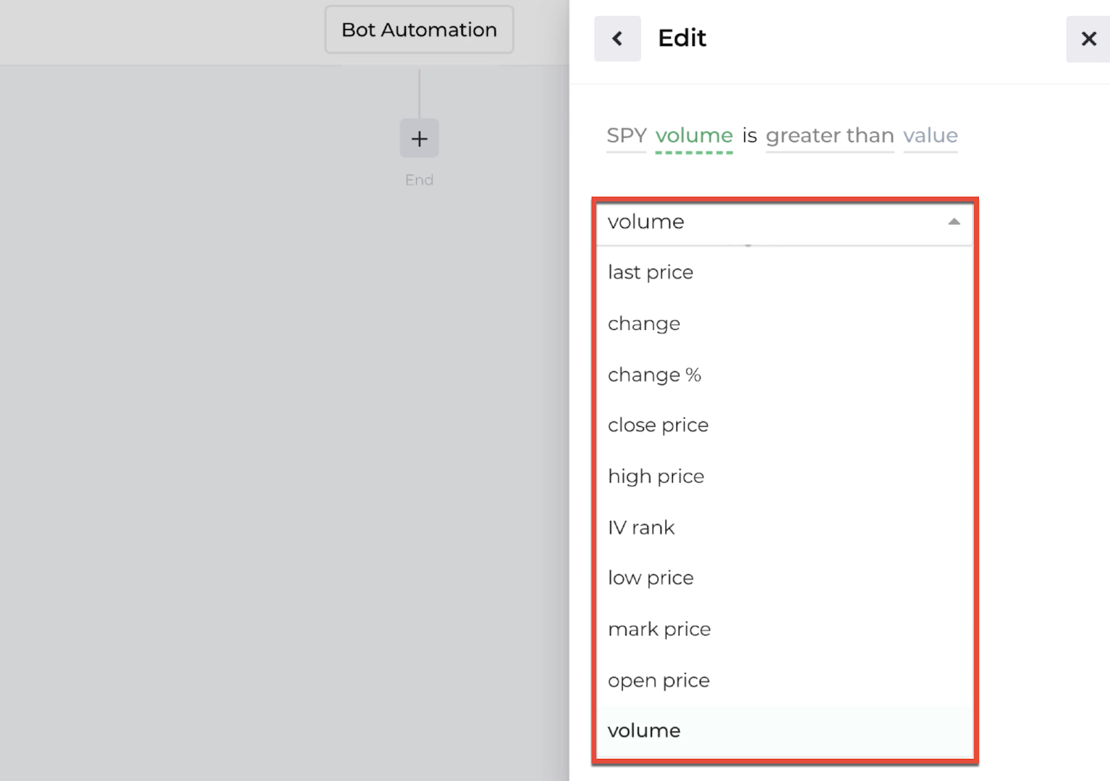 Screenshot highlighting the indicator options available in the decision recipe's dropdown menuw