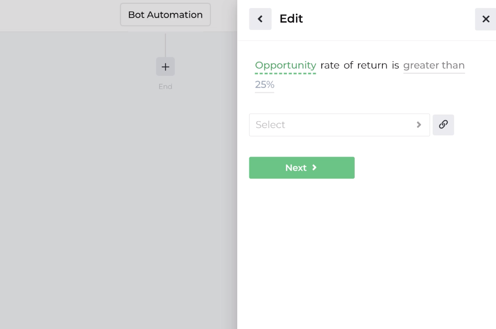 Screenshot displaying the decision recipe for evaluating opportunity return expectations