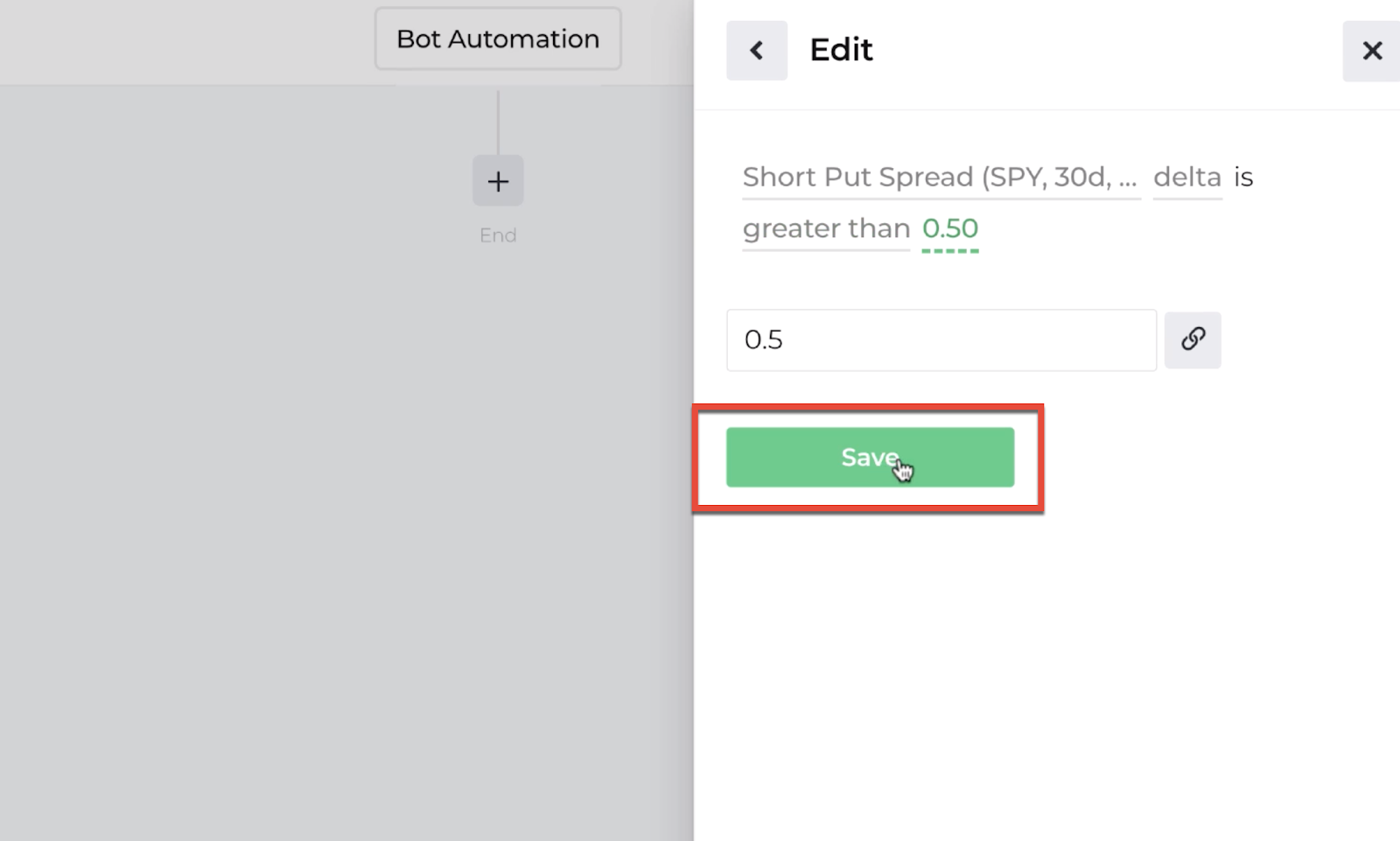 Screenshot highlighting the save button following the decision recipe inputs