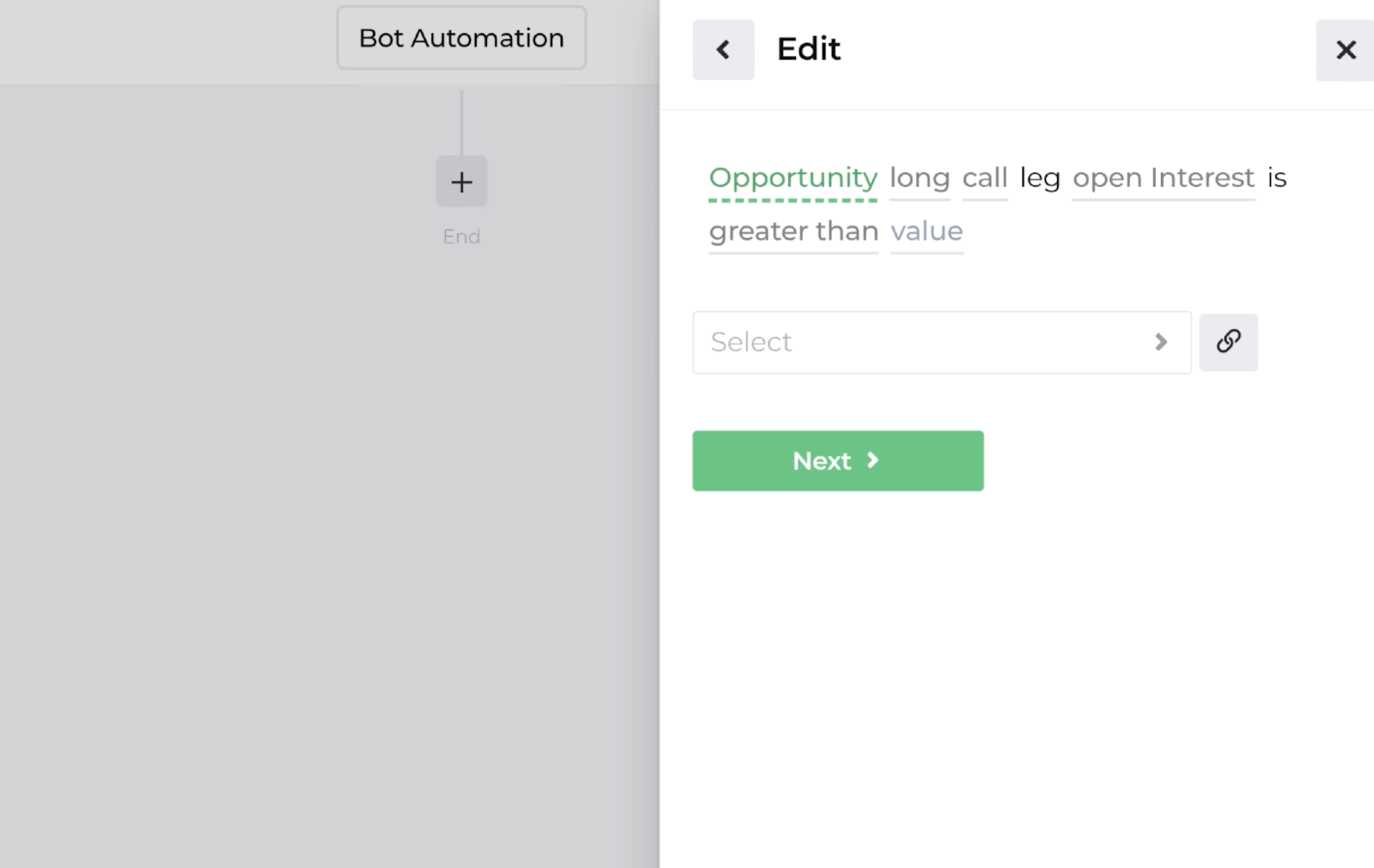 Screenshot displaying the decision recipe for comparing opportunity leg attributes