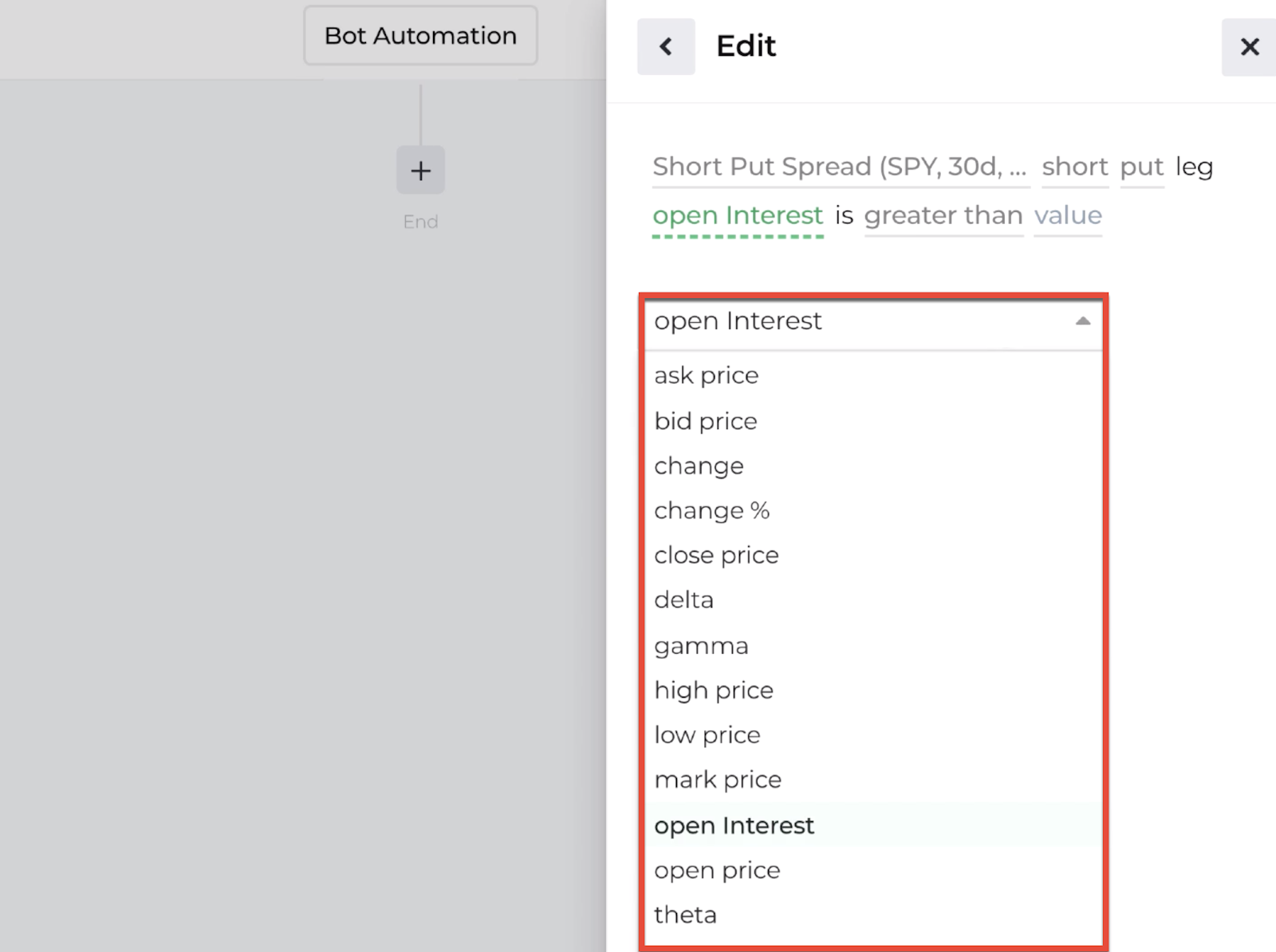 Screenshot of the decision recipe's dropdown menu criteria for each option leg