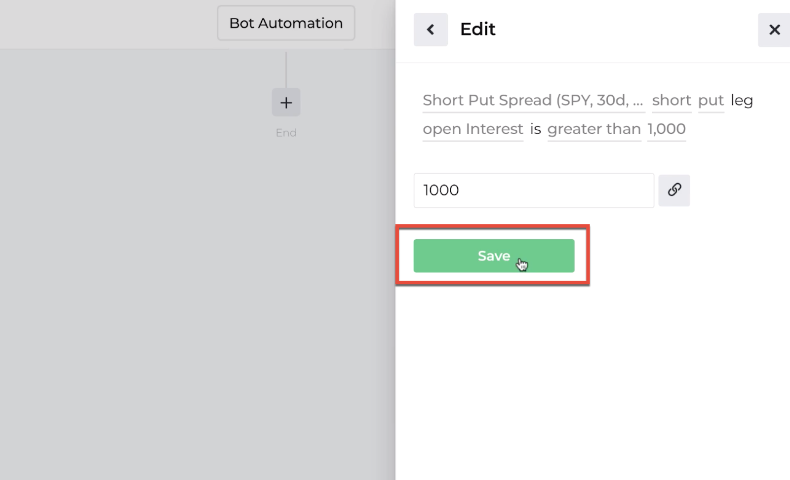 Screenshot highlighting the save button following the decision recipe inputs