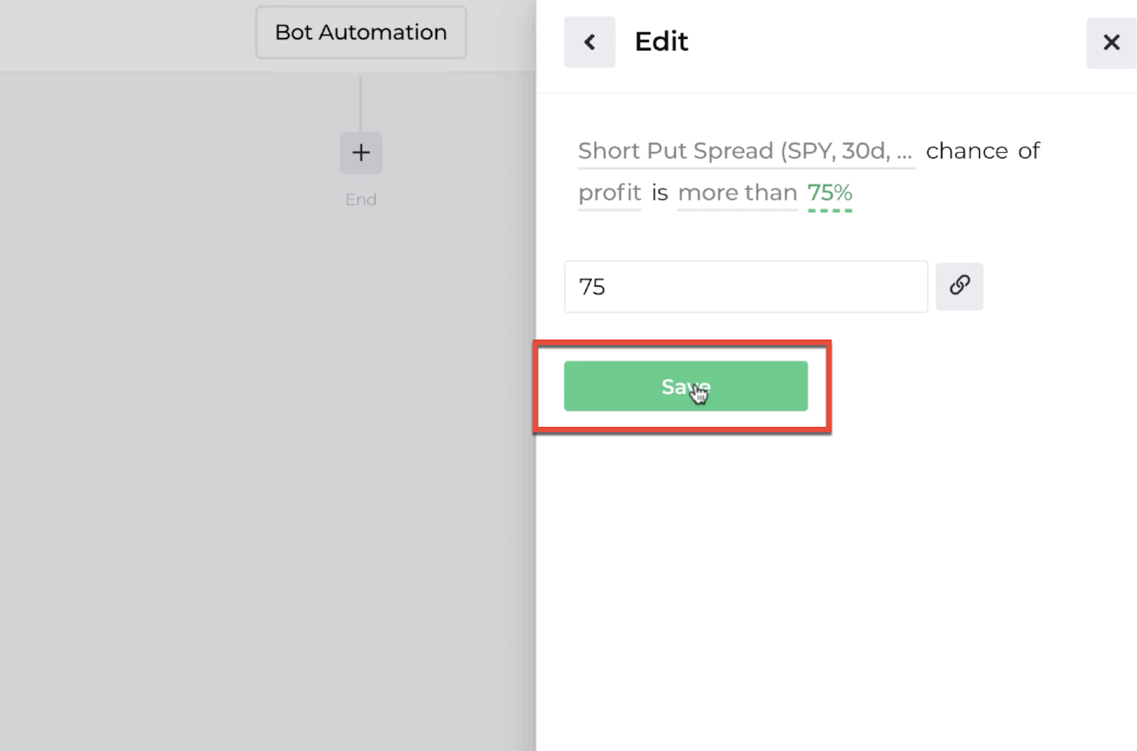 Screenshot highlighting the save button following the decision recipe inputs