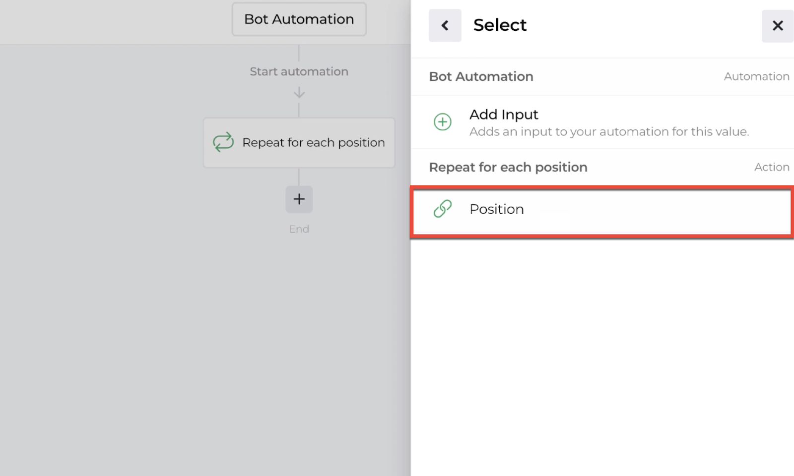 Screenshot highlighting the position link associated with the repeater action