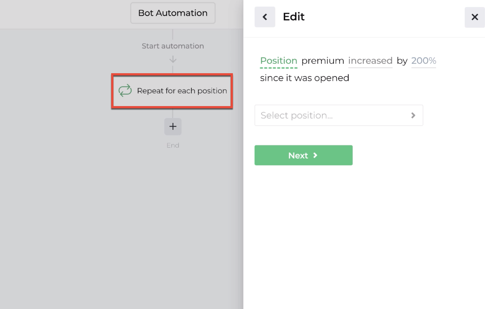 Screenshot highlighting the repeater action in the automation editor