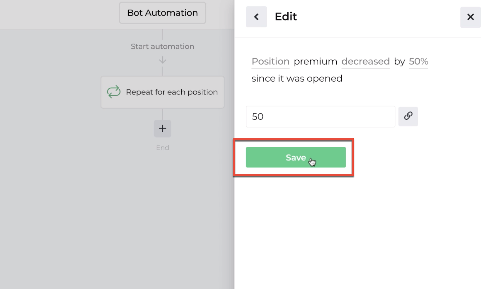 Screenshot highlighting the save button following the decision recipe inputs
