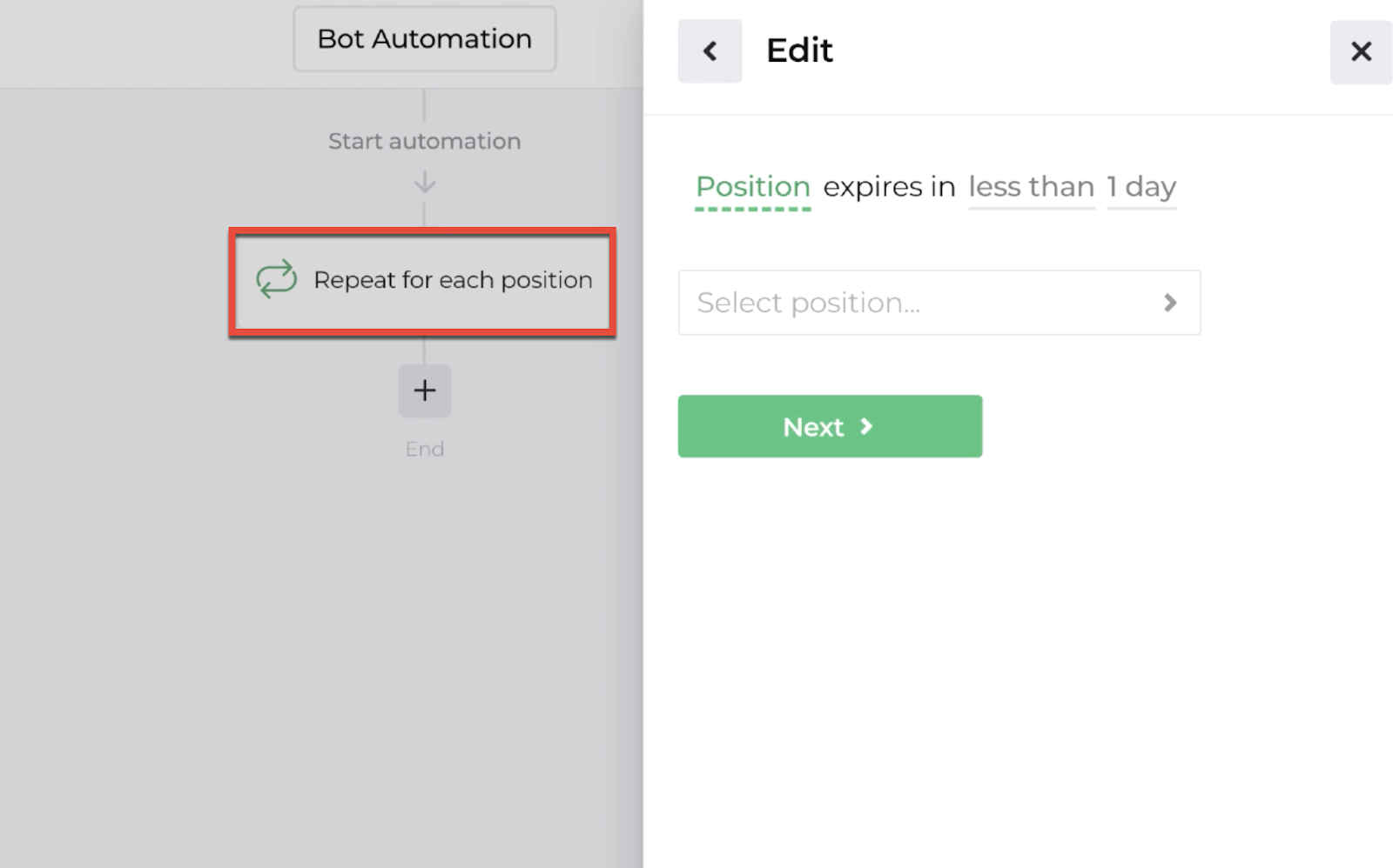 Screenshot highlighting the repeater action in the automation editor