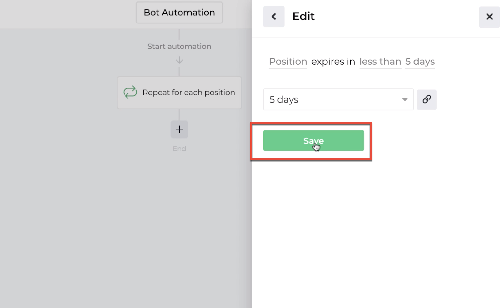 Screenshot highlighting the save button following the decision recipe inputs