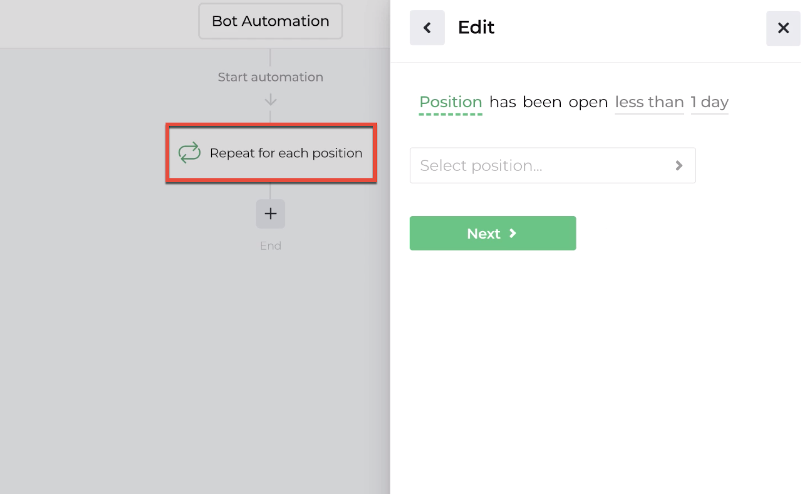 Screenshot highlighting the repeater action in the automation editor