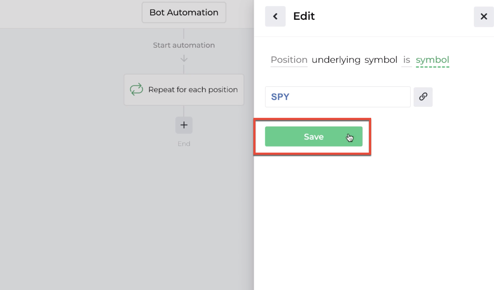 Screenshot highlighting the save button following the decision recipe inputs