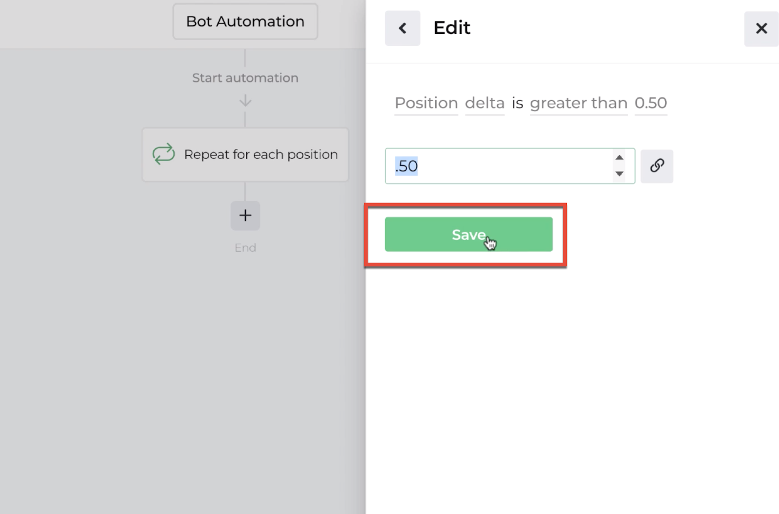 Screenshot highlighting the save button following the decision recipe inputs