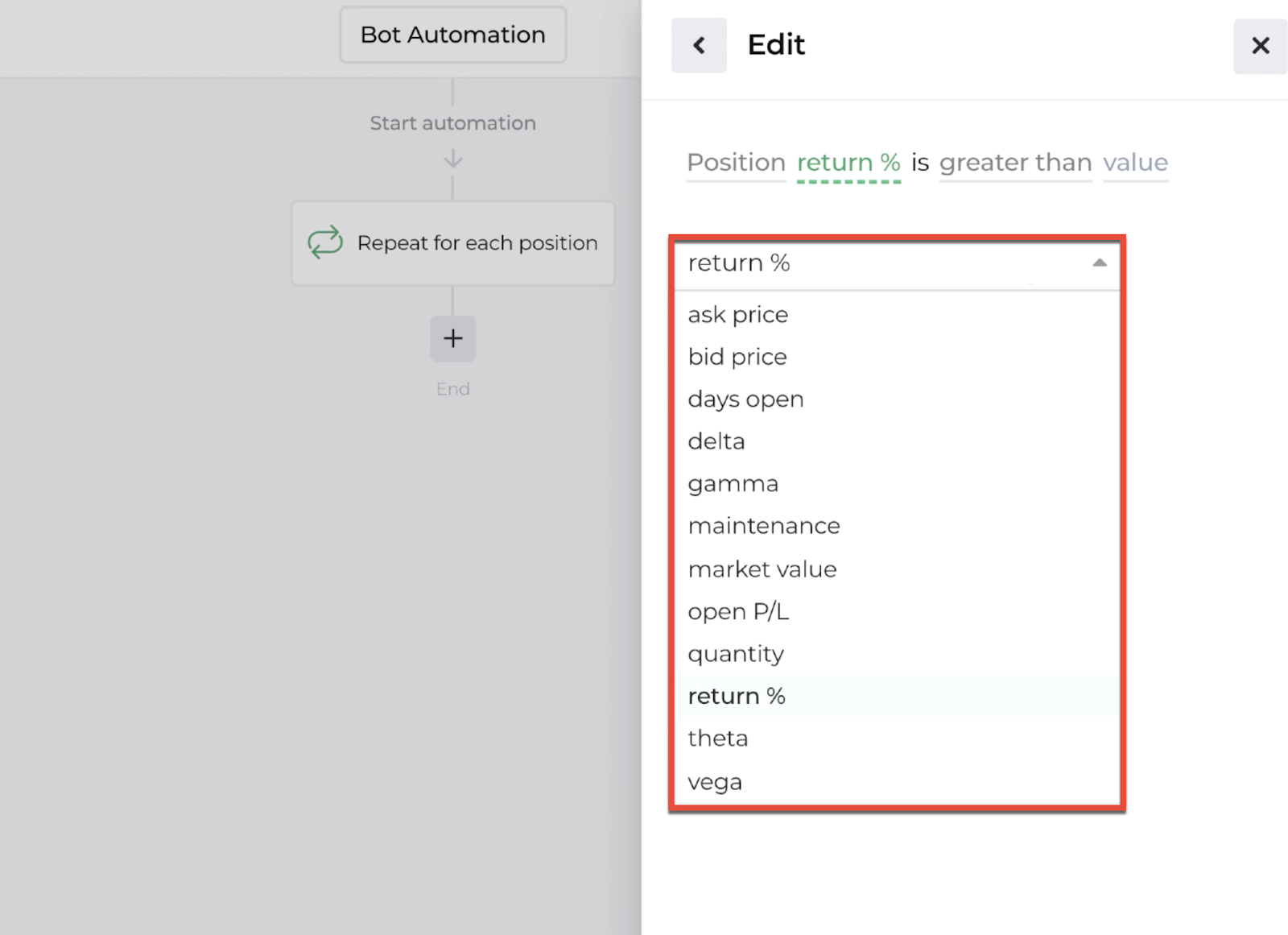 Screenshot of the decision recipe's dropdown menu criteria