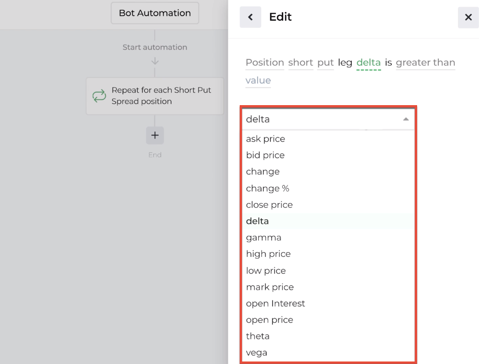 Screenshot of the decision recipe's dropdown menu criteria