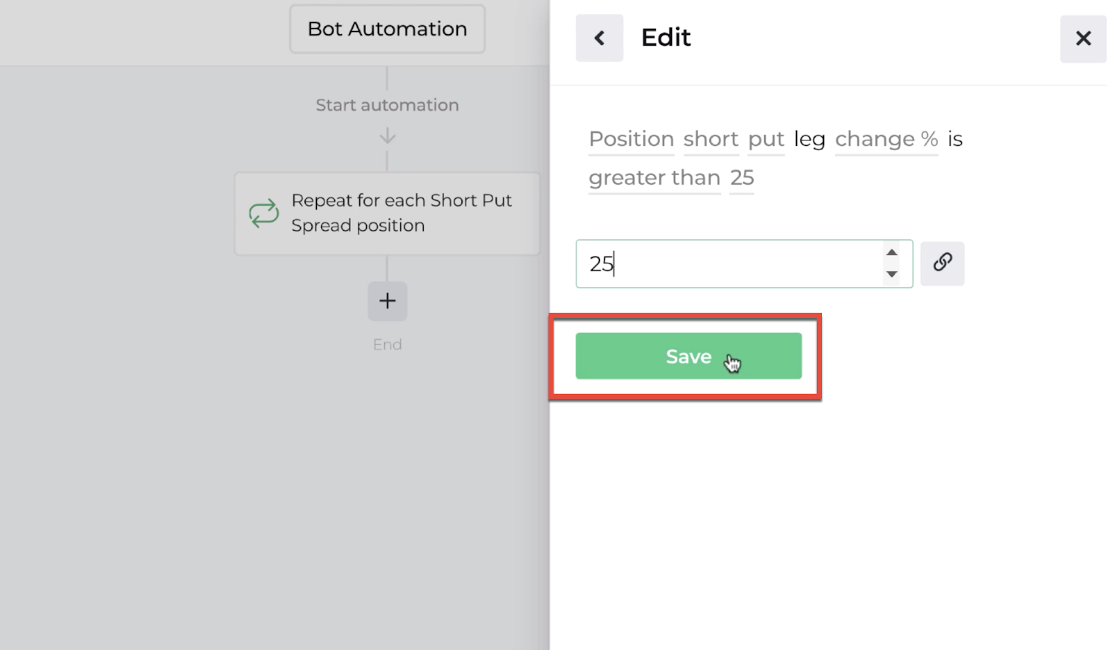Screenshot highlighting the save button following the decision recipe inputs