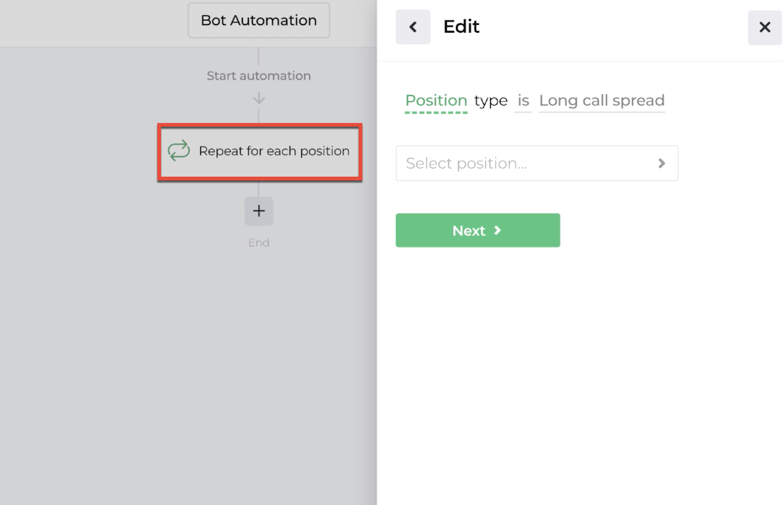 Screenshot highlighting the repeater action in the automation editor