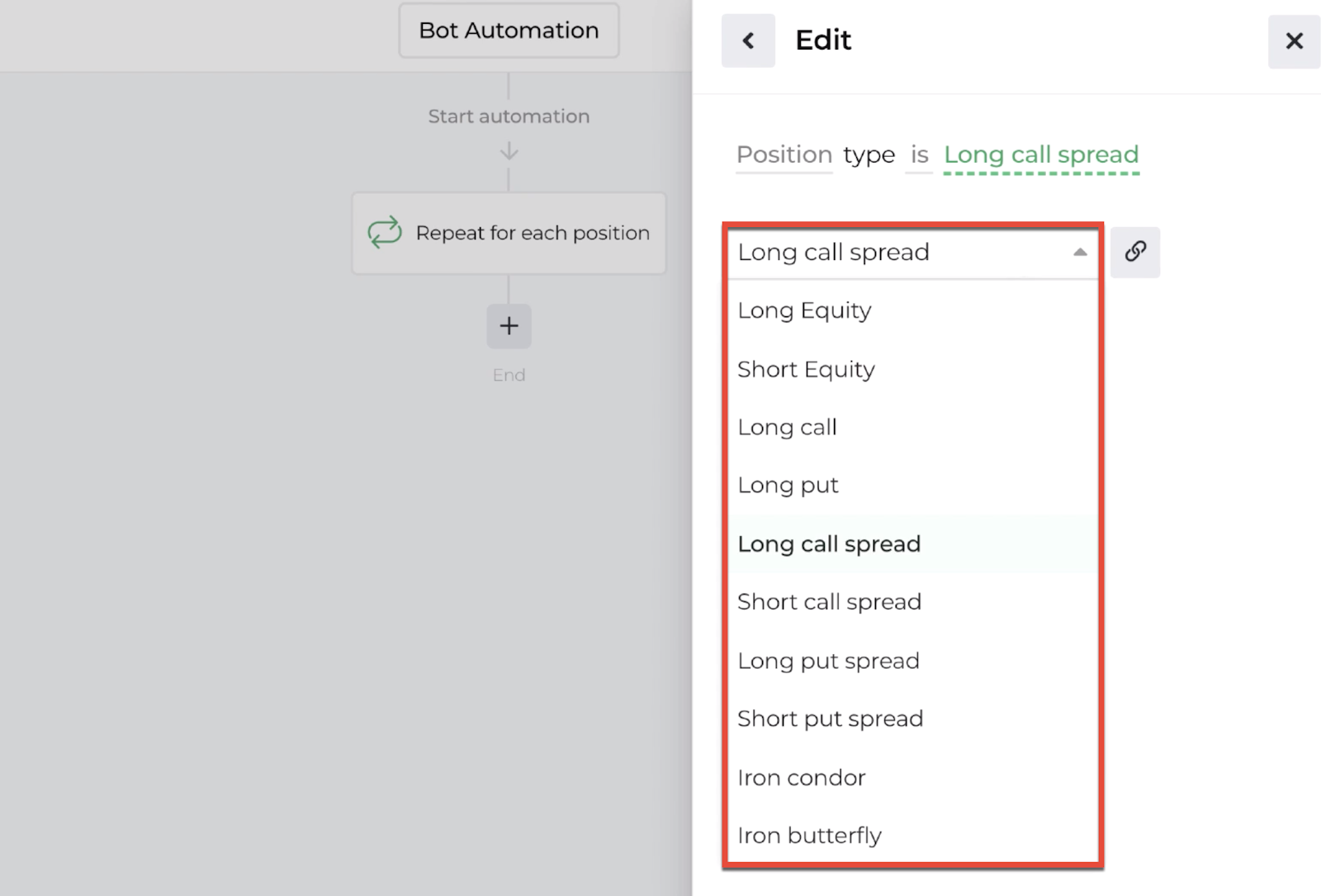 Screenshot of the decision recipe's dropdown menu criteria