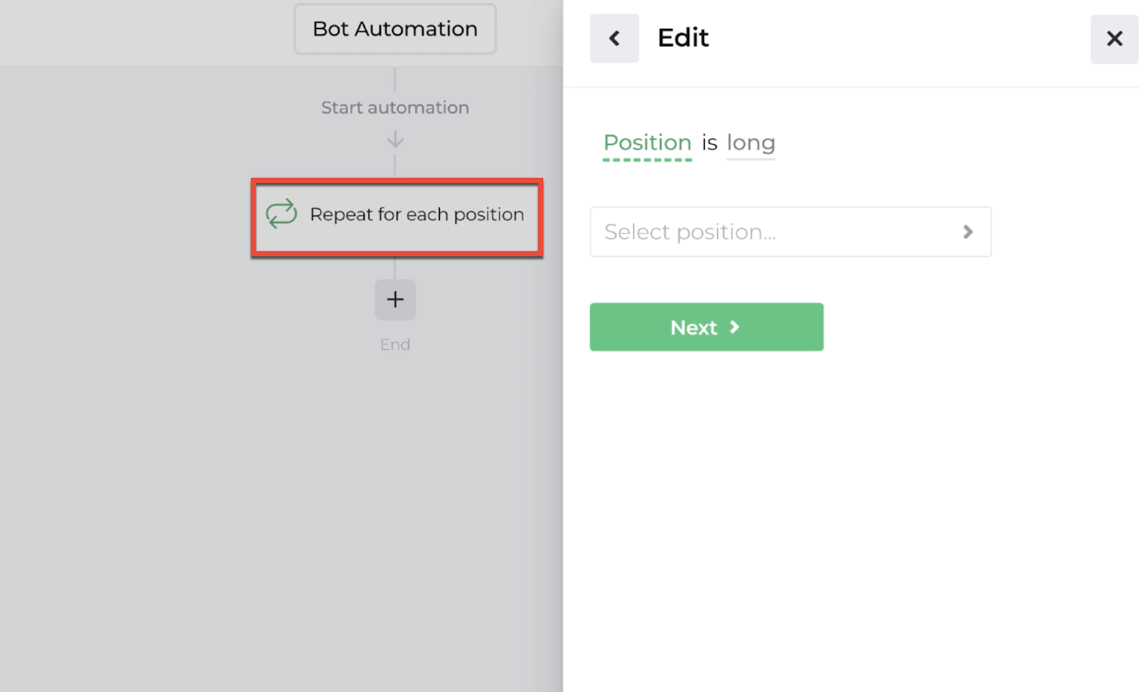 Screenshot highlighting the repeater action in the automation editor