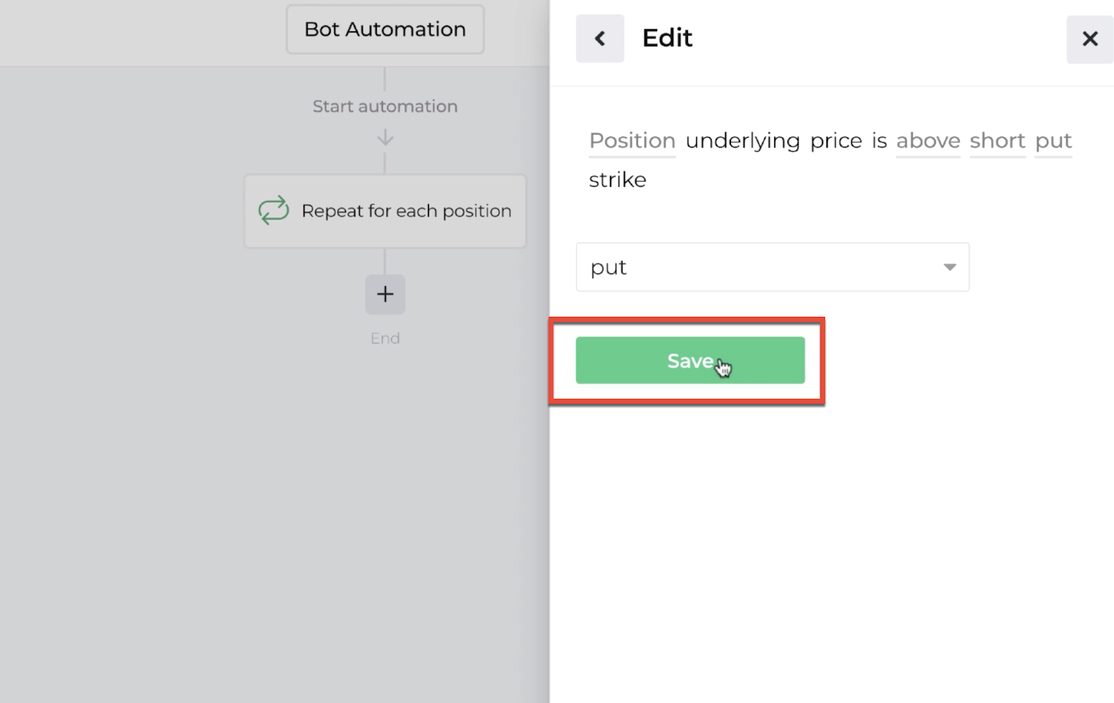Screenshot highlighting the save button following the decision recipe inputs