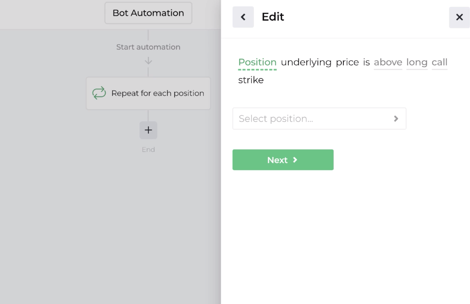 Screenshot displaying the decision recipe for comparing underlying symbol price to a position leg