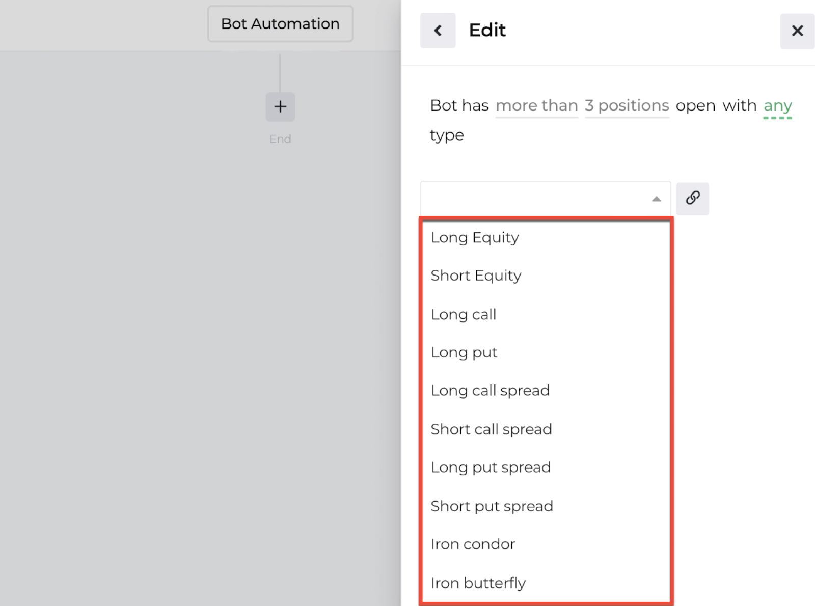 Screenshot of the decision recipe's dropdown menu criteria