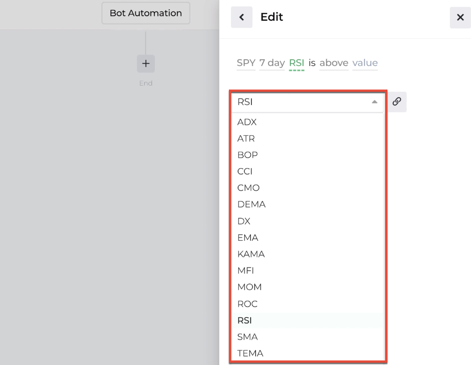Screenshot of the decision recipe's dropdown menu criteria