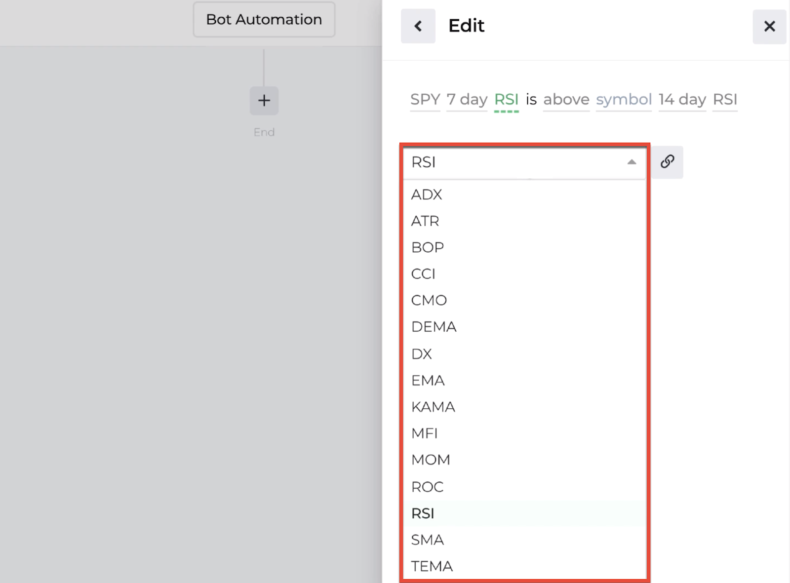 Screenshot of the decision recipe's dropdown menu criteria