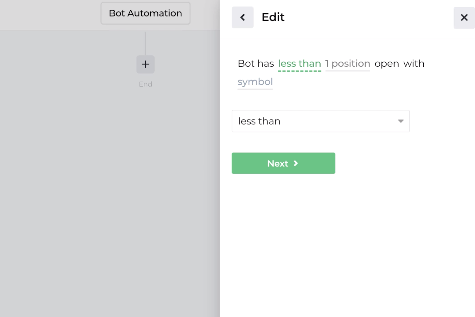 Screenshot displaying the decision recipe for comparing bot position count to underlying symbol