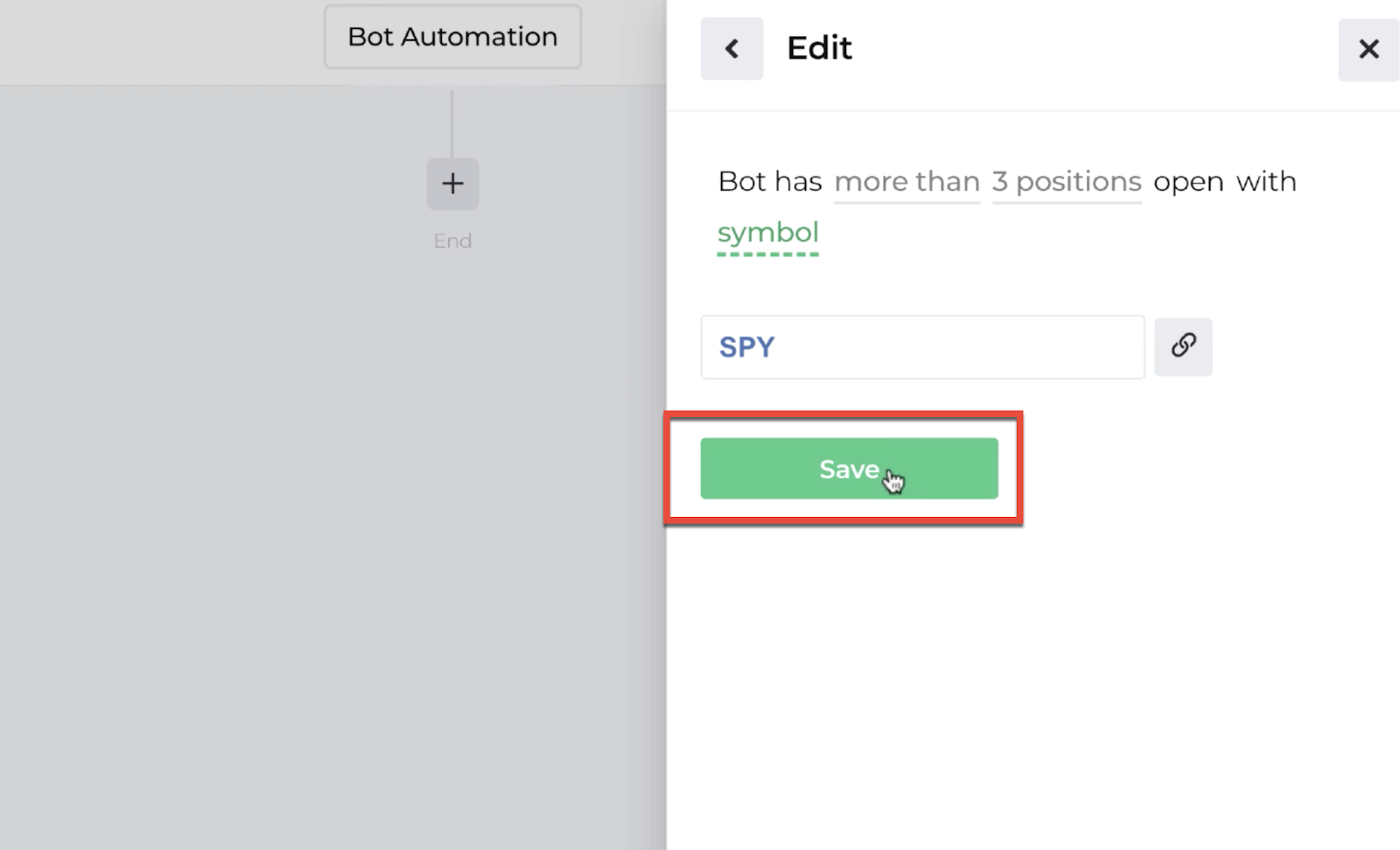 Screenshot highlighting the save button following the decision recipe inputs
