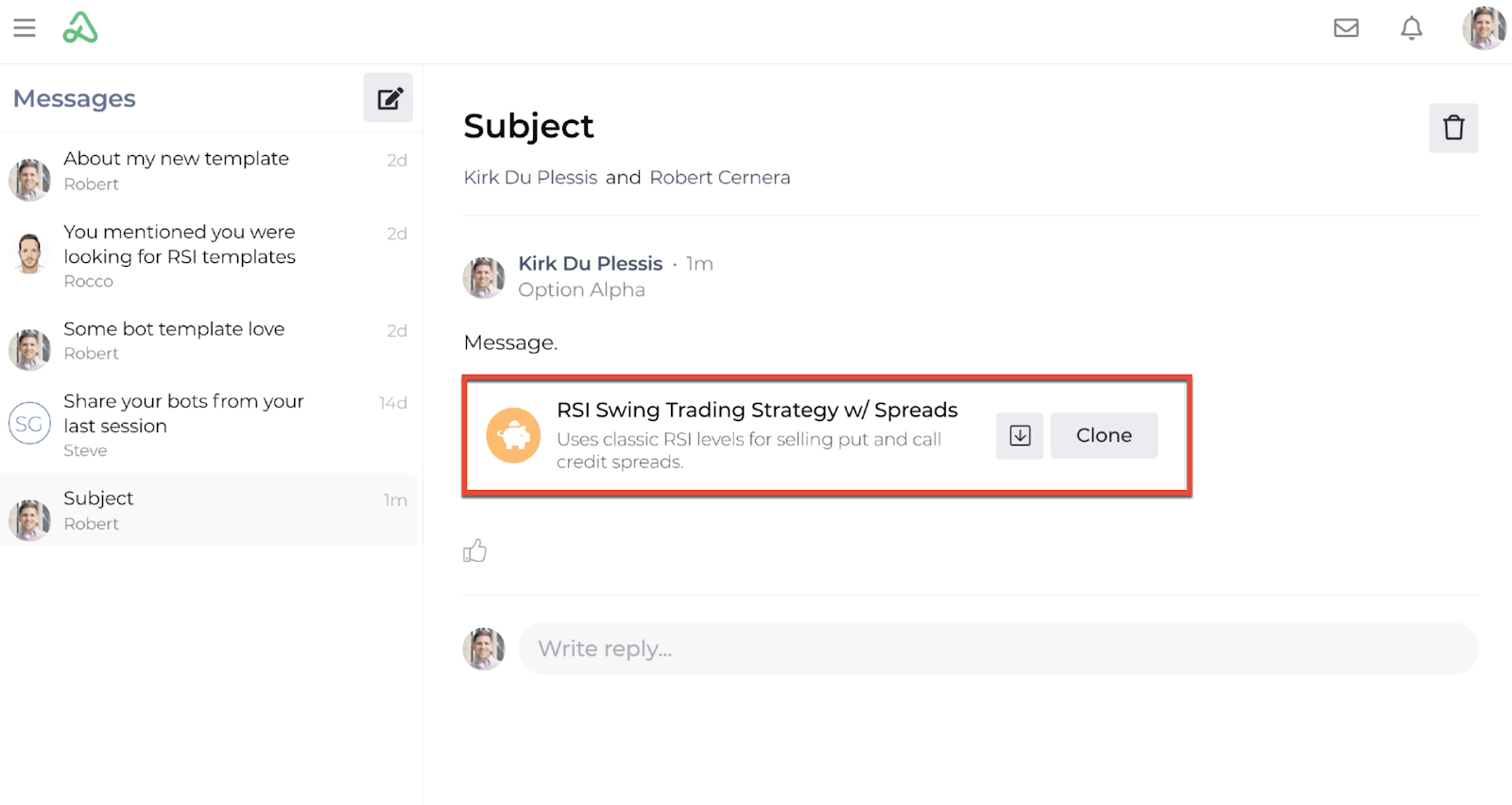 Screenshot of the template display in a message