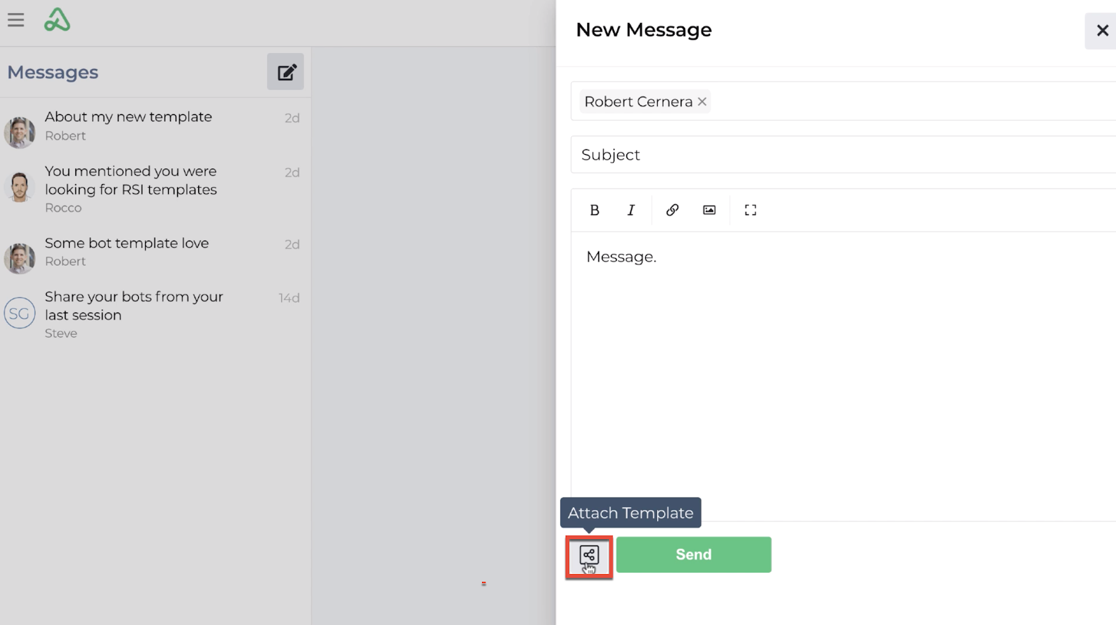 Screenshot highlighting the location of the attach template icon