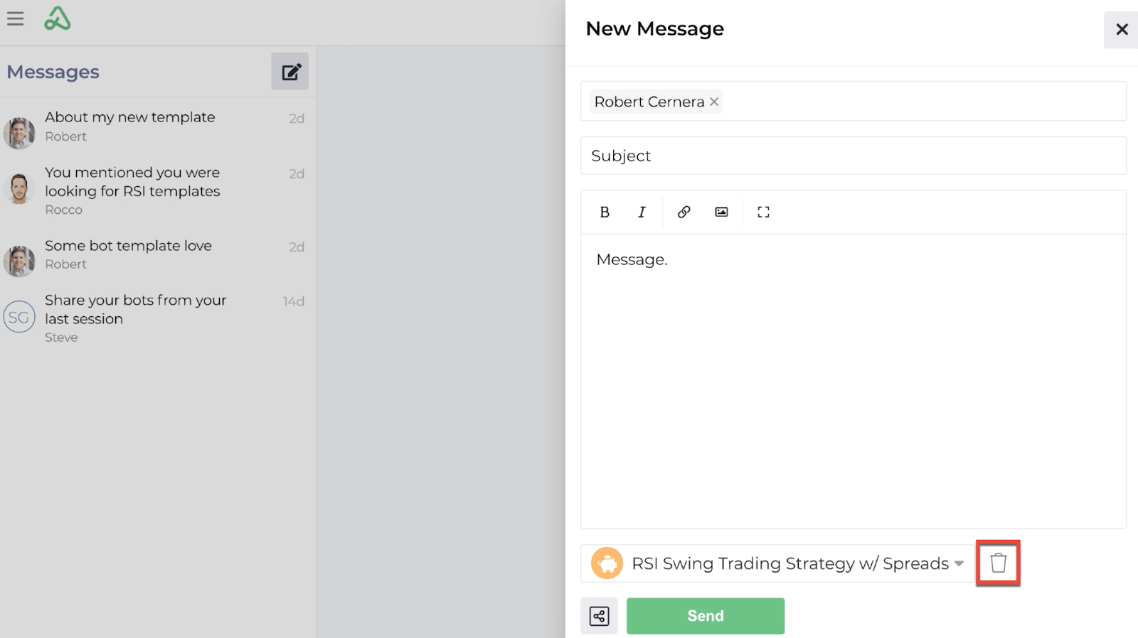 Screenshot of the delete icon beside the attached template icon