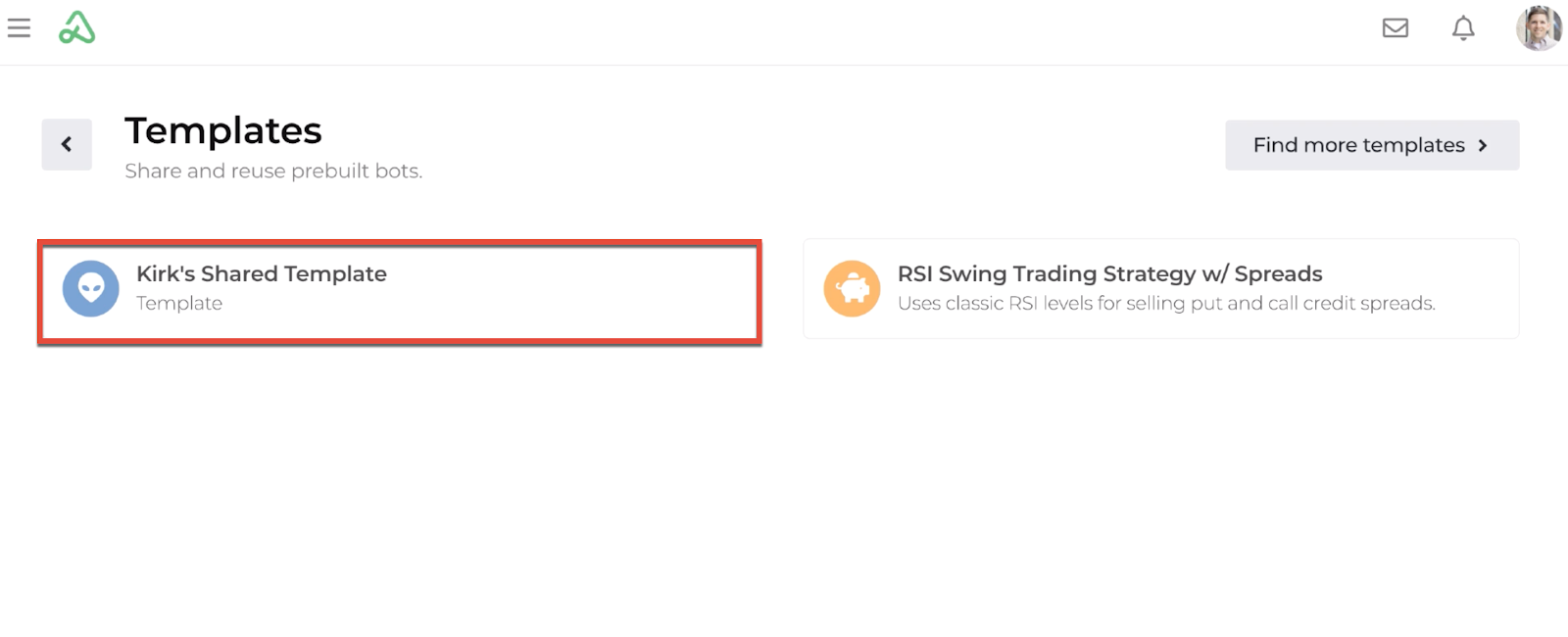 Screenshot of the my template display with the newly saved template highlighted