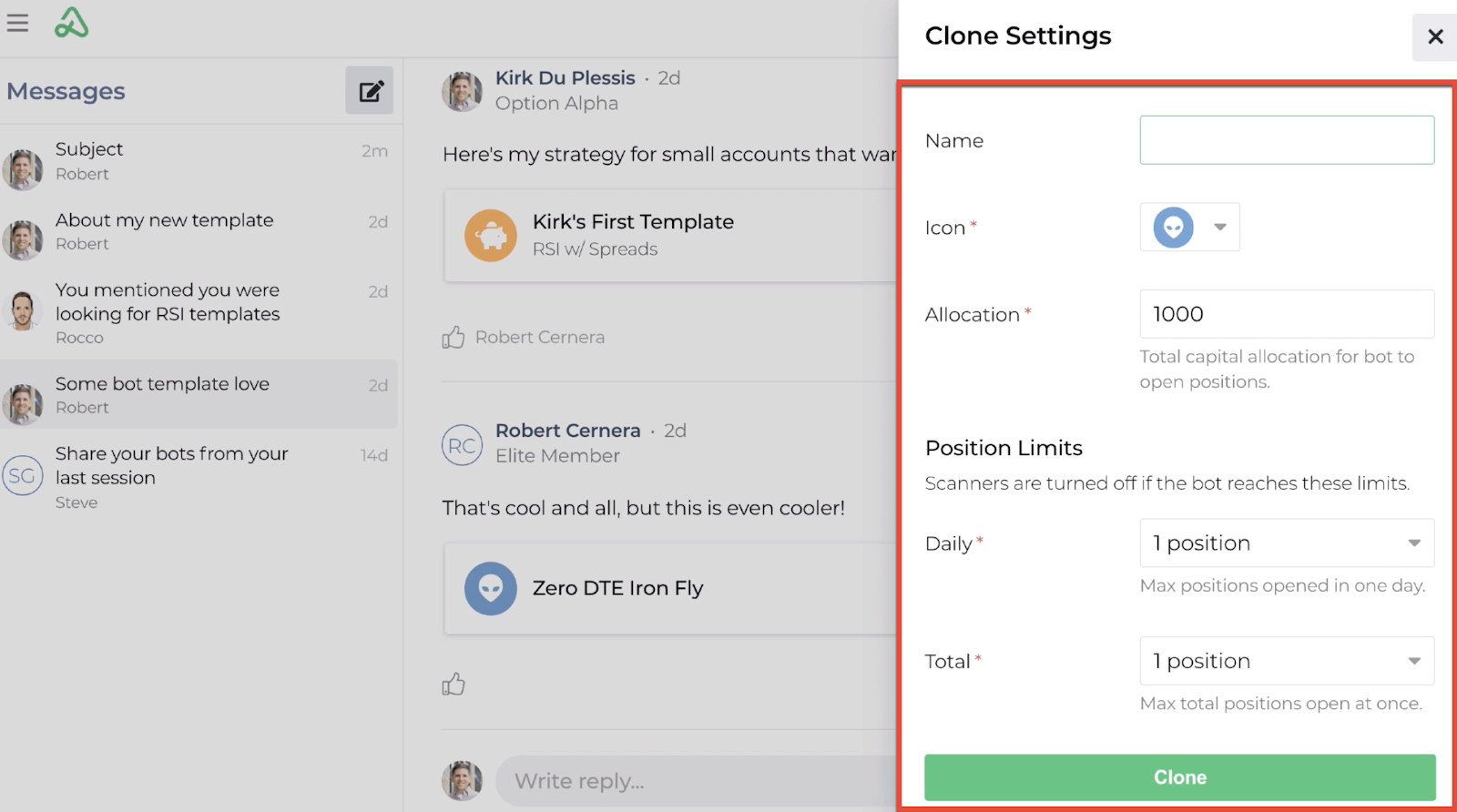 Screenshot of the clone global settings