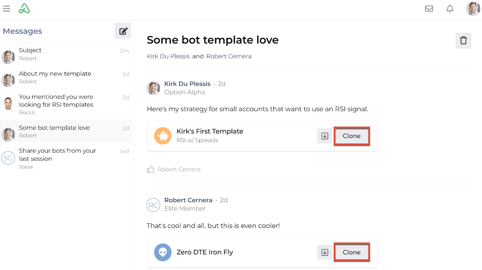 Screenshot highlighting the clone template icon in a message