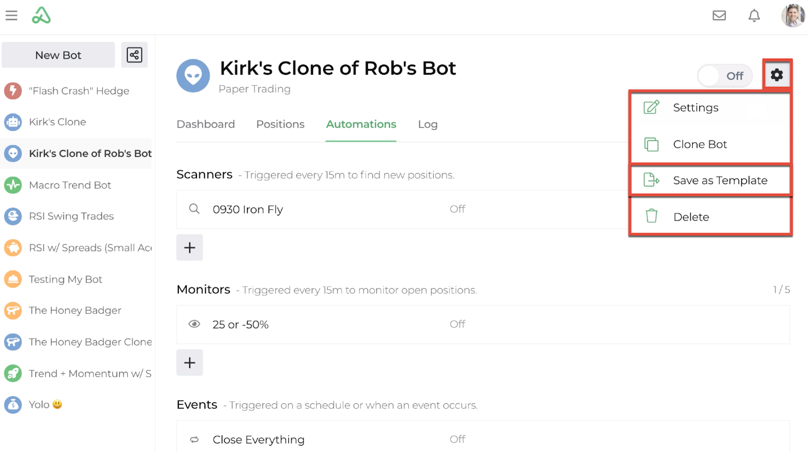 Screenshot of the bot dashboard with save as template highlighted