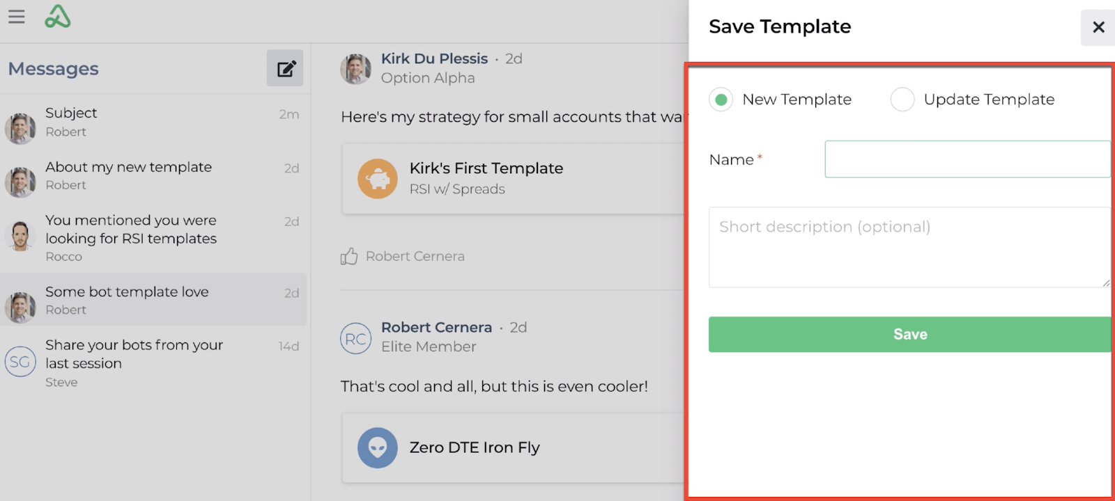 Screenshot highlighting the save template display