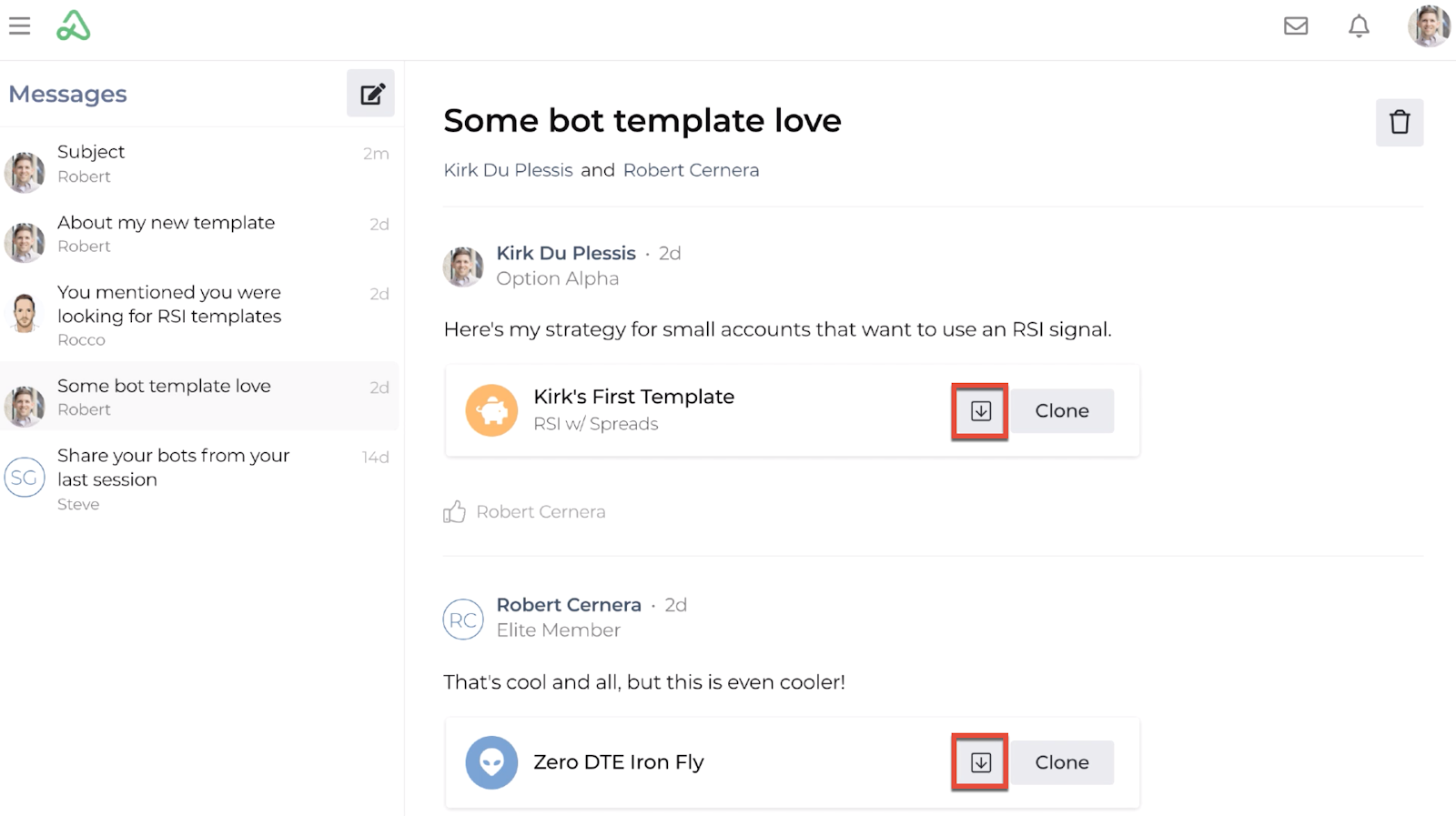 Screenshot highlighting the save template icon in a message