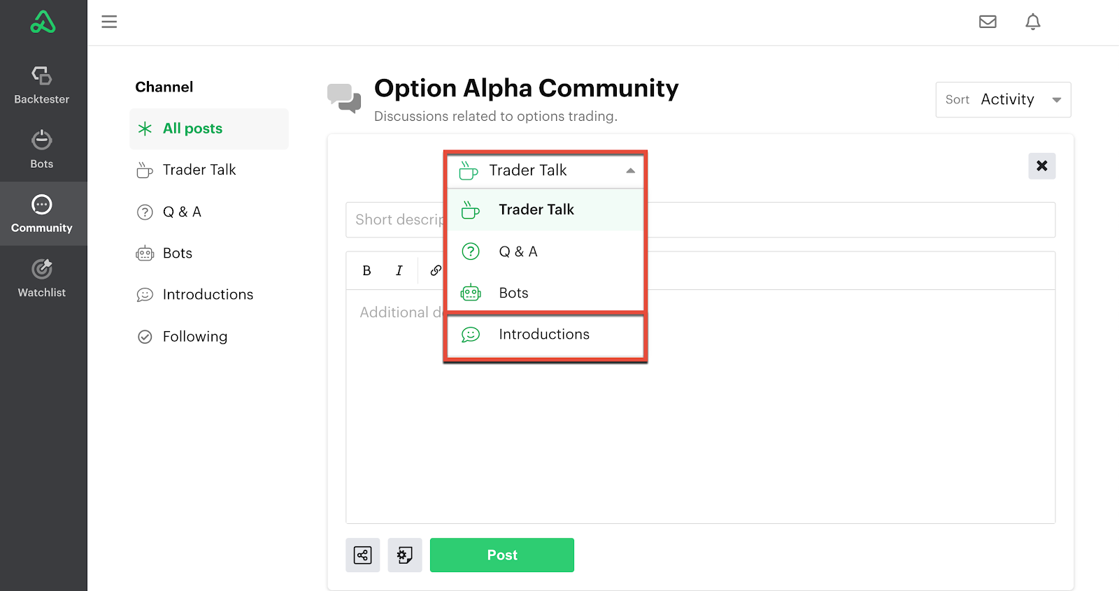 Screenshot displaying the write post dropdown menu with introductions highlighted