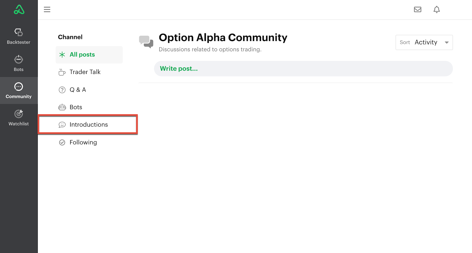 Screenshot highlighting the introductions channel in the Community
