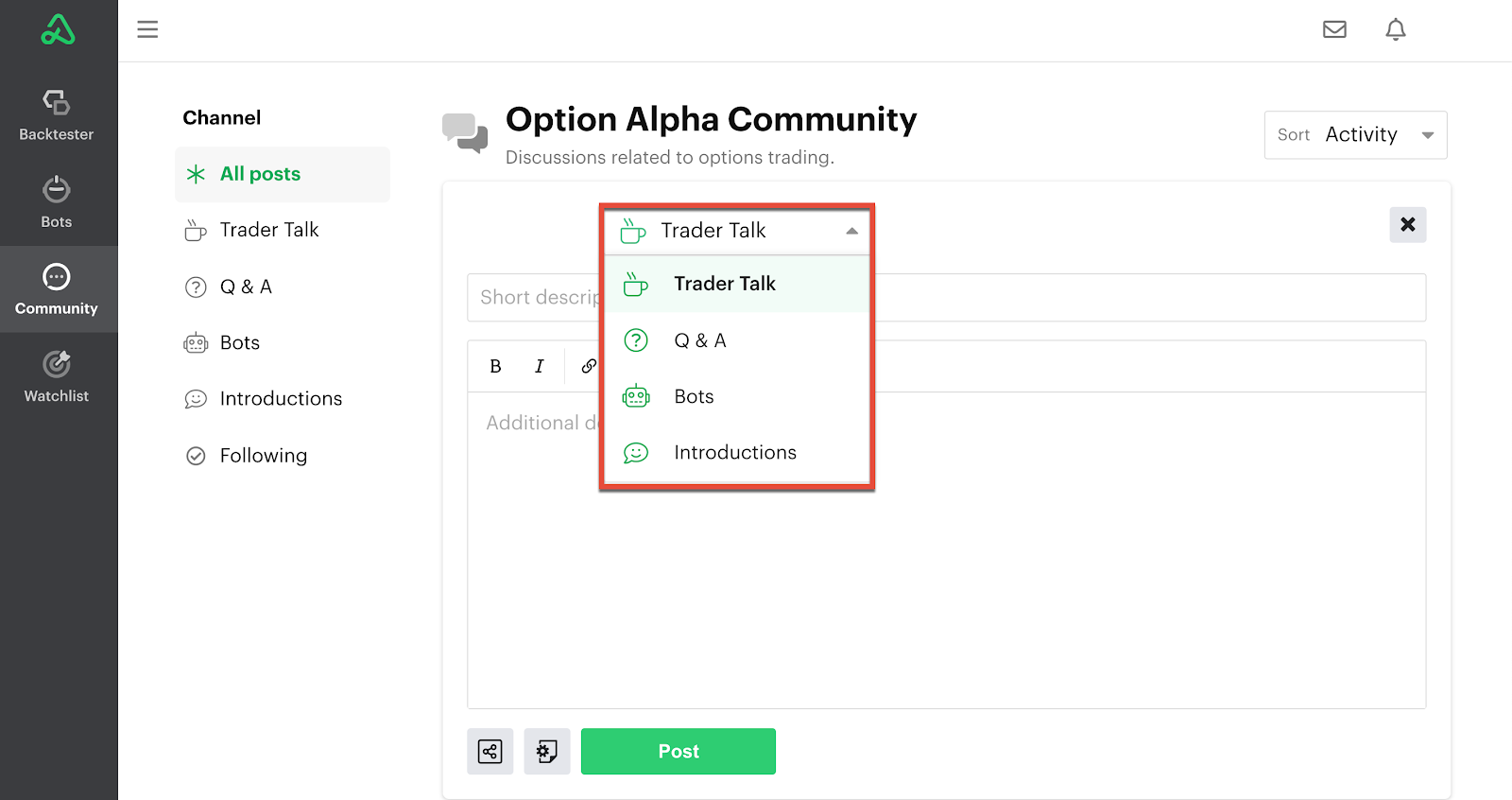 Screenshot of the dropdown menu for selecting the desired dicsuccion board with trader talk highlighted