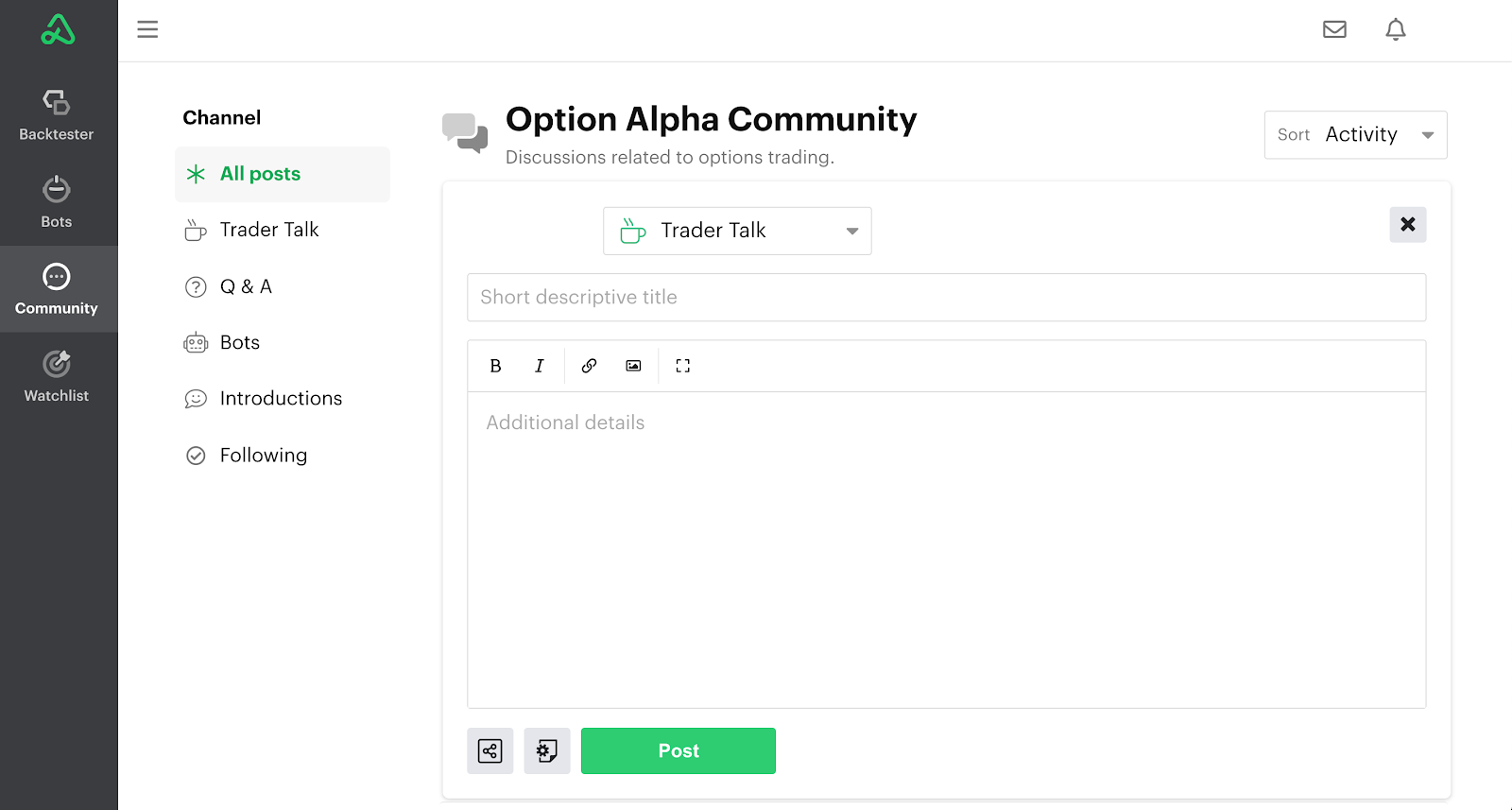 Screenshot of the text entry window for writing a new post