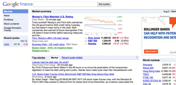 Example image of Google Finance homepage