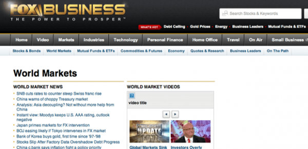 Example image of Fox Business homepage