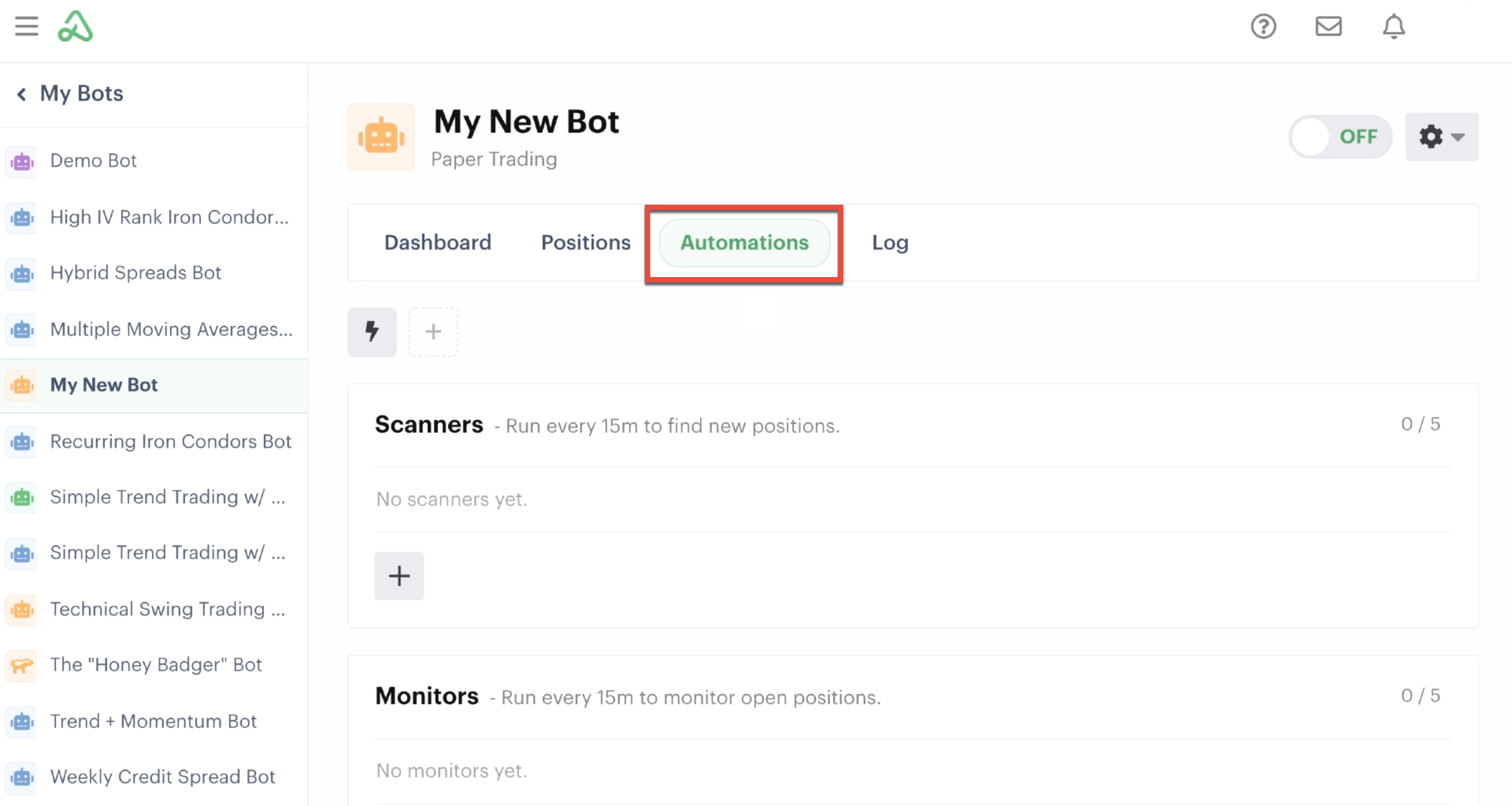 Bot dashboard highlighting the automations tab