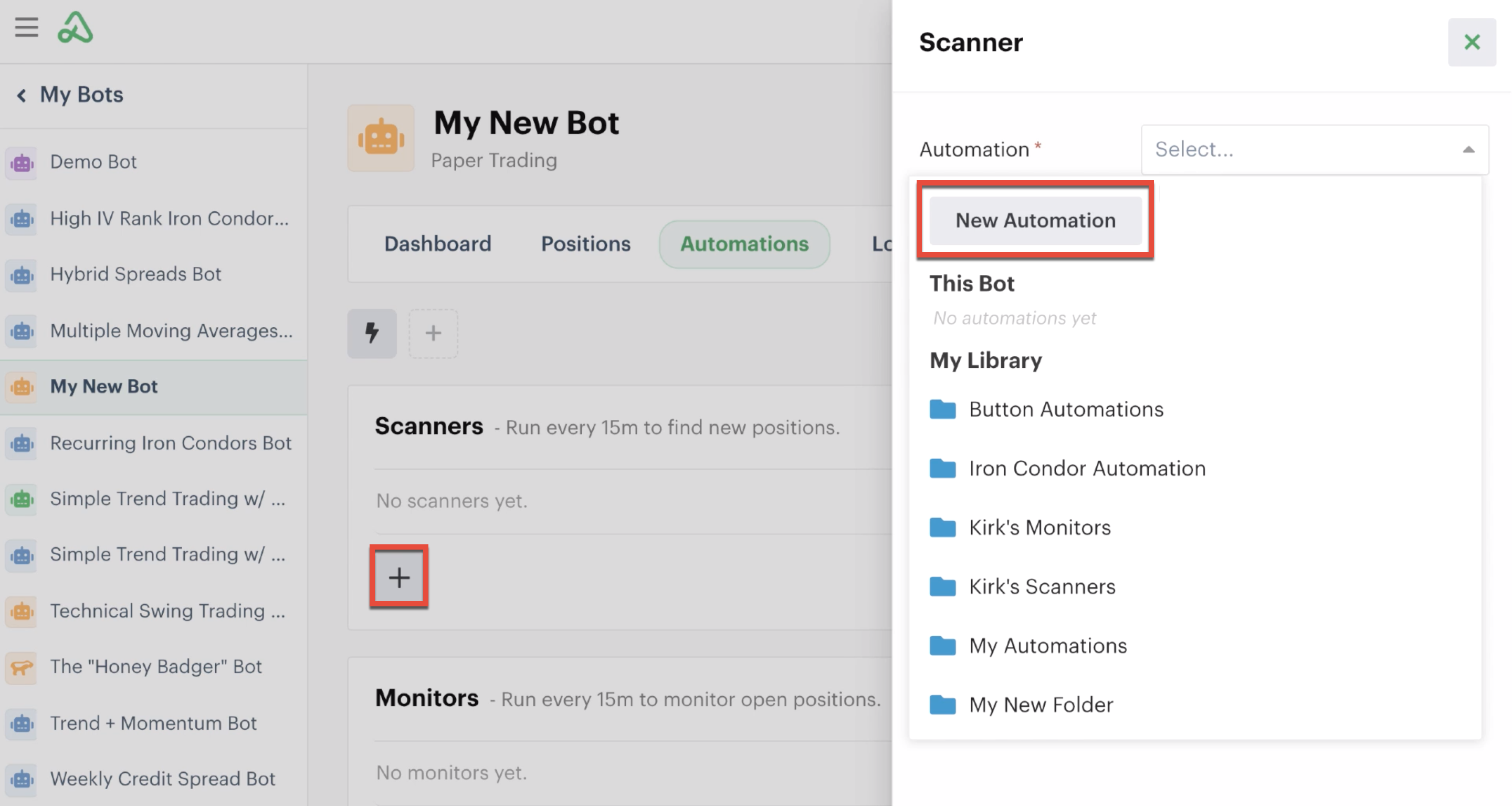 Adding a new automation from the automations tab in the bot dashboard