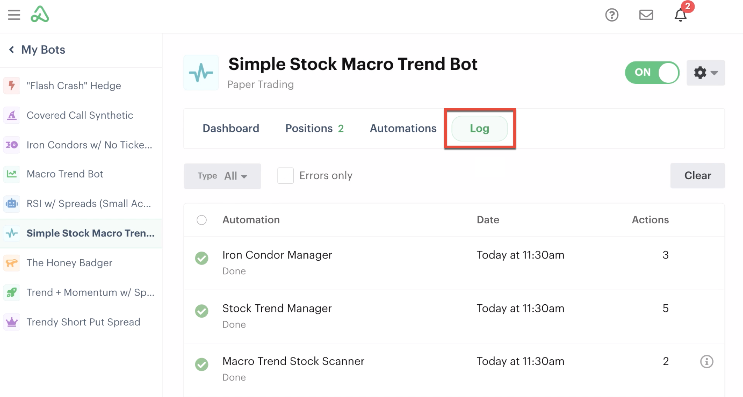Bot log highlighted on the bot's homepage
