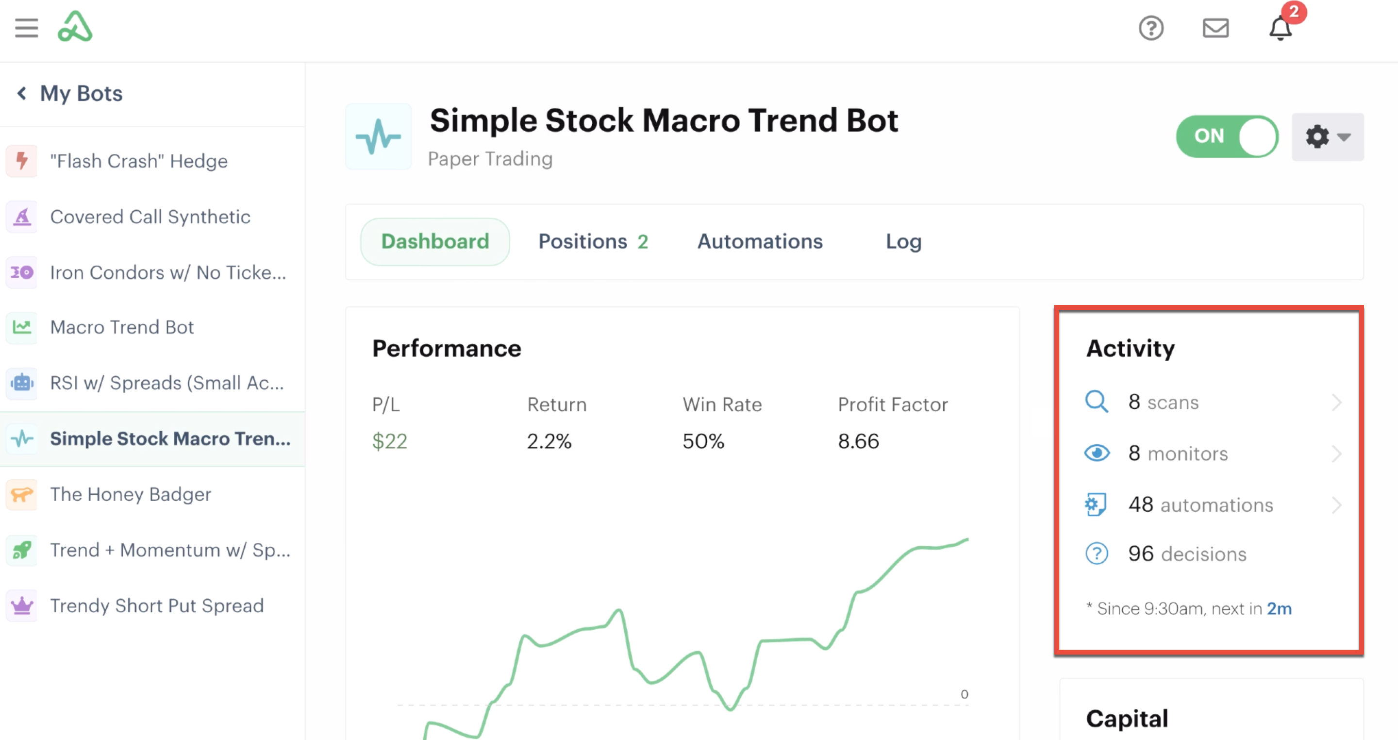 Activity log highlighted in the bot dashboard