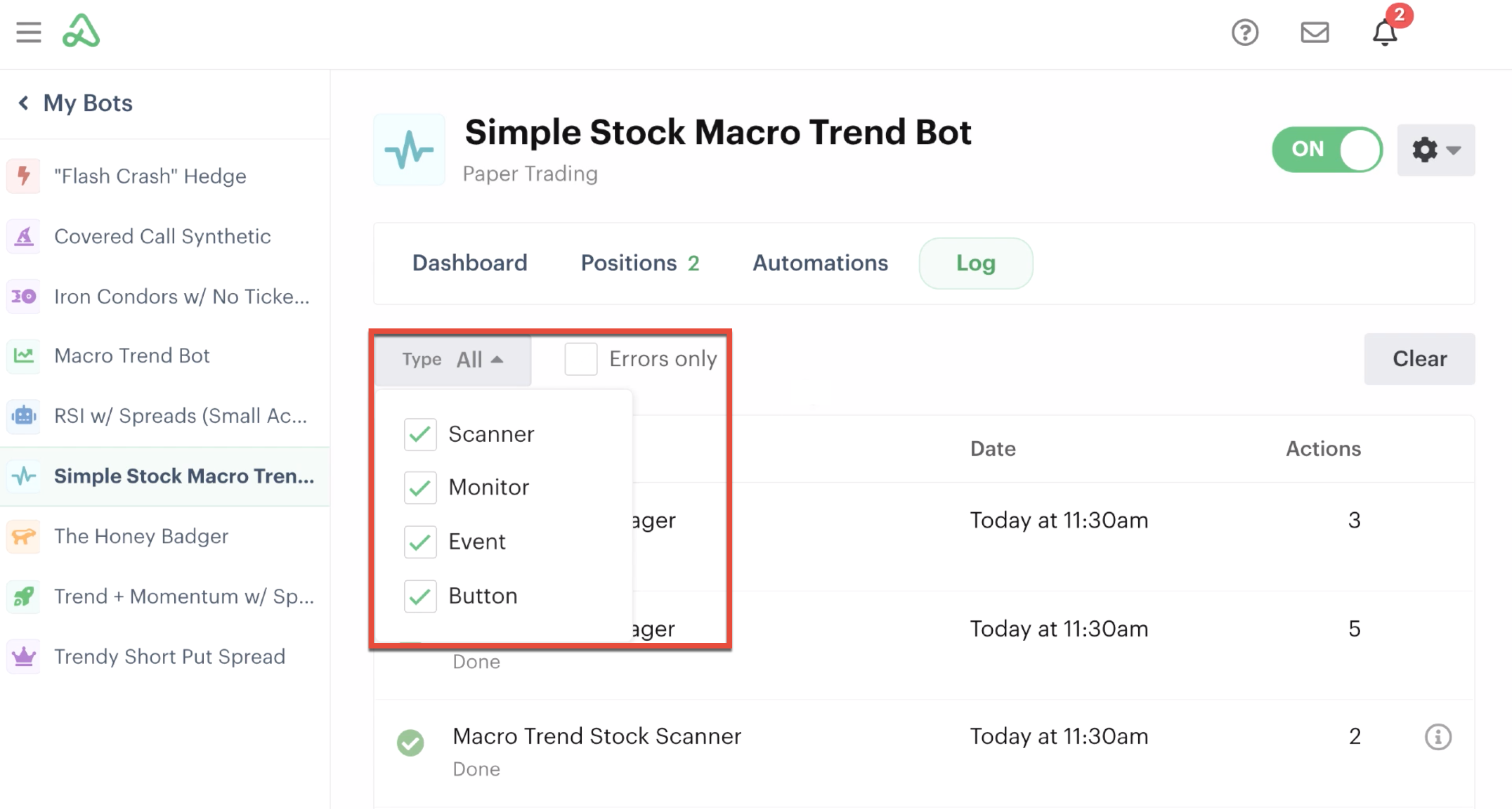 Activity filter with different automations highlighted