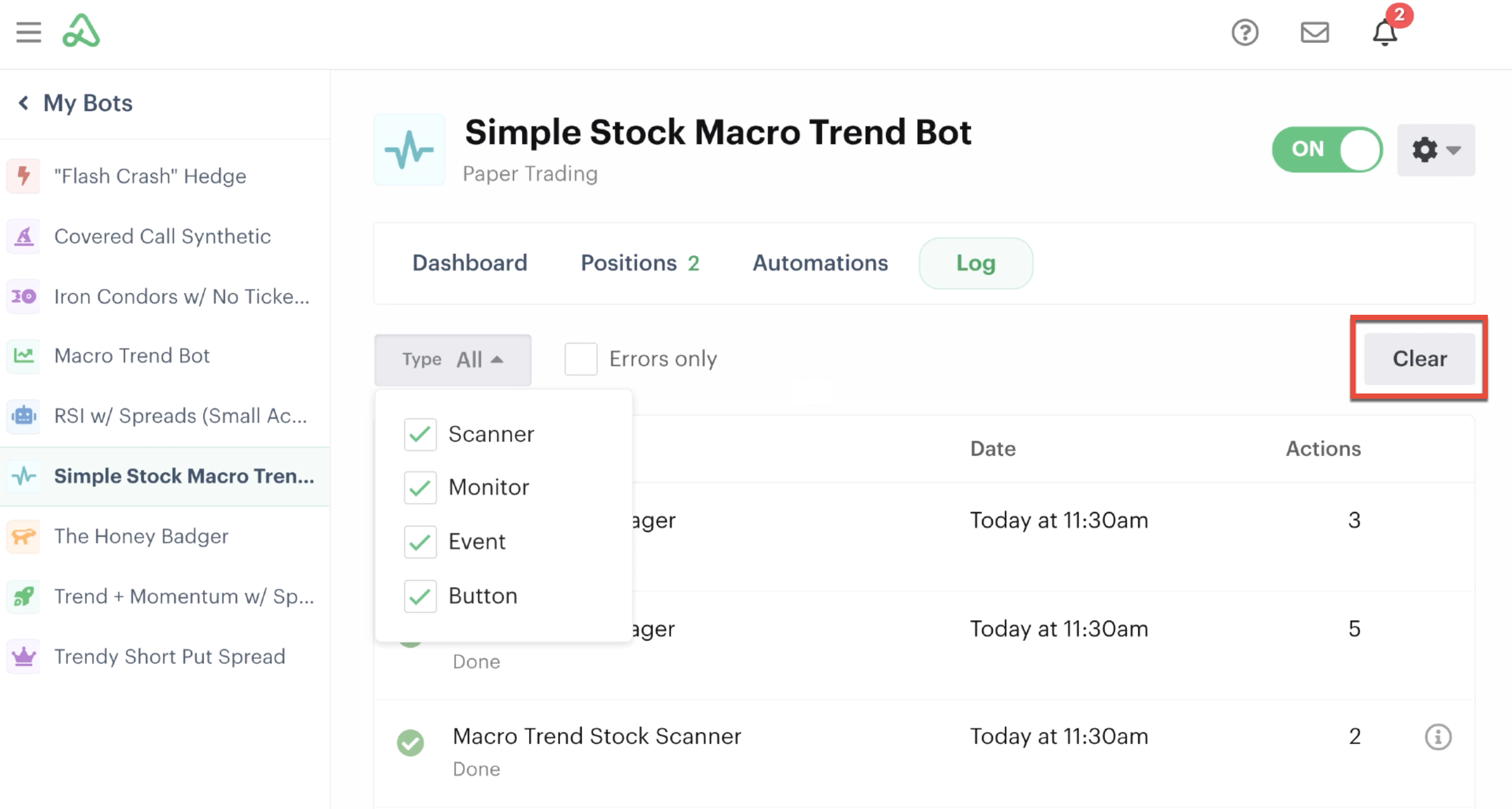 Bot log clear button highlighted