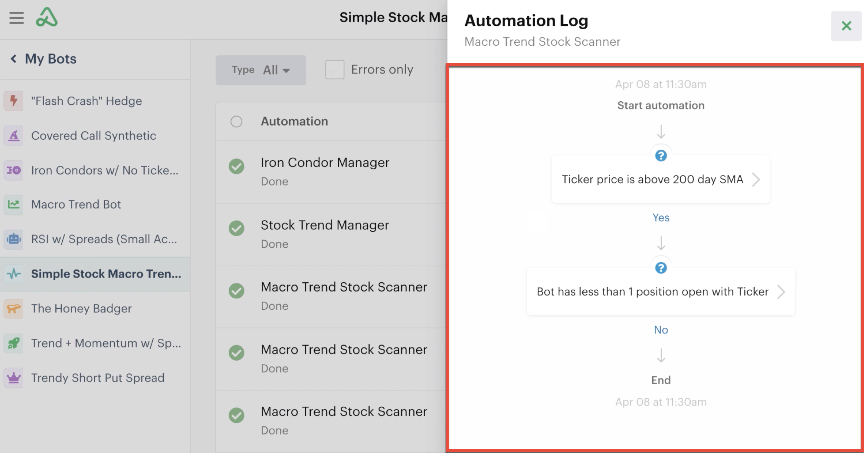 Automation log highlighted